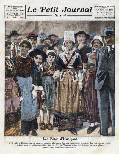 Huelgoat, bölgesel geleneklerin canlanması lehine bir girişim vesilesiyle geleneksel Breton kostümü içinde ziyafet çekiyor. 09/10/1921 tarihli “Le petit dergi şanlı””dan alınan resim. Özel koleksiyon by Anonymous Anonymous