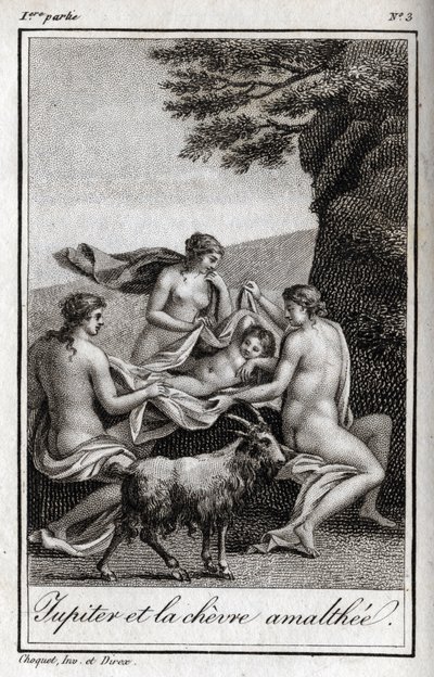 Keçi Amalthee tarafından beslenen Jüpiter çocuğu. Charles Albert Demoustier (1760-1801) tarafından "Lettres a Emilie sur la mitolojisinde" 1819