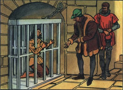 Kral Louis XI, Bastille hapishanesinin kafeslerini ziyaret ediyor. “Fransa Hükümdarları ve Devlet Başkanları Koleksiyonu”nda anonim illüstrasyon. 20. yüzyıl. Özel koleksiyon. by Anonymous Anonymous