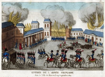 14 Eylül 1812'de I. Napolyon ordusu tarafından Moskova'nın ele geçirilmesi - Grande Armee Moskova şehrine giriyor - Anonim - 1812 - Gravür, sulu boya - 23,4x28,6 - Özel Koleksiyon by Anonymous Anonymous