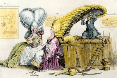 Büyük eksantrik saç modelleri: bir peruk tarafından şekillendirilmiş soyluların genç kadınları. 1788 Özel Koleksiyondan Gravür by Anonymous Anonymous