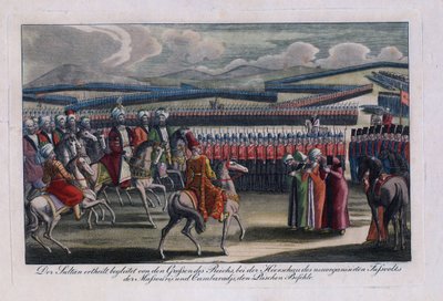 ""Osmanlı padişahı III. Selim (1761-1808) yeni piyadesini gözden geçiriyor"" Anonim gravür 1806 Özel koleksiyon by Anonymous Anonymous