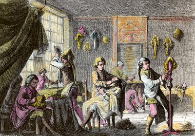 Louis XV modası: bir peruk kuaförünün iç görünümü. 1755 civarında gravür. Özel koleksiyon by Anonymous Anonymous