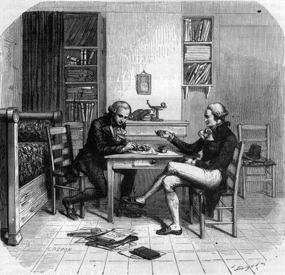 Maximilien de Robespierre 1758-1794, Fransız politikacı, Maurice Duplay ile odasında Kamu Güvenliği Komitesi Üyesi - Chambre de Maximilien de Robespierre chez Maurice Duplay (1736-1820) rue Saint-Honore a Paris - “Histoire des Gi” de gravür by Anonymous Anonymous