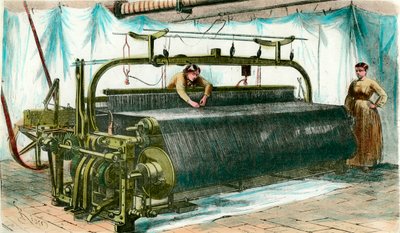 Metier for mechanical weaving in a large factory. Engraving around 1860. by Anonymous Anonymous
