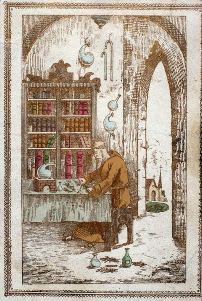 Keşiş bitkileri damıtma için hazırlıyor. 19. yüzyıl gravürü. by Anonymous Anonymous