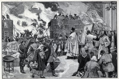 Moskova, Kaluga banliyösünde yangın: Ortodoks din adamları şehri korumak için Kutsal Görüntüleri (Kutsal Görüntüler) sunan ve yangına müdahale eden itfaiyeciler. 1892 tarihli “Le monde illustree”deki gravür. Özel koleksiyon. by Anonymous Anonymous