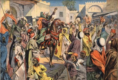 Mouley Hafid (Moulay-Hafid) Fez'e Sultan'ı ilan eder: Halkın feryatları kalabalığa duyuruyu duyurur. “Le Petite Parisien” gazetesinden gravür, 26/01/1908. Özel koleksiyon. by Anonymous Anonymous