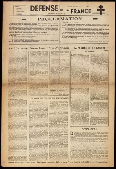 15/01/1944 tarihli “” Défense de France” gizli gazetelerinden biri by Anonymous Anonymous
