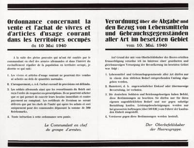 “” İşgal Altındaki Topraklarda Yiyecek ve Ortak Amaçlı Eşyaların Satışı ve Satın Alınmasına İlişkin Yönetmelik” - Fransızca-Almanca iki dilli afiş by Anonymous Anonymous