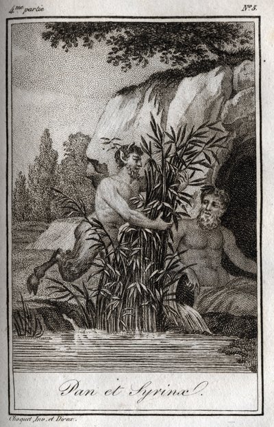 Pan ve su perisi Syrinx sazlara dönüştü (Pan ve Nymph Syrinx). Charles Albert Demoustier (1760-1801) tarafından "Lettres a Emilie sur la mitolojisinde" 1819