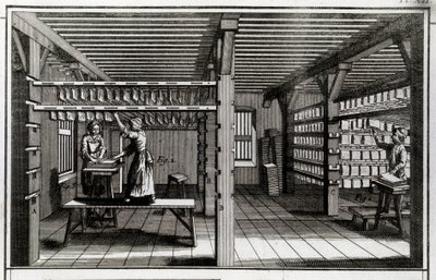 Kağıt fabrikası: kurutma aşaması. 18. yüzyıl gravürü. Özel koleksiyon by Anonymous Anonymous