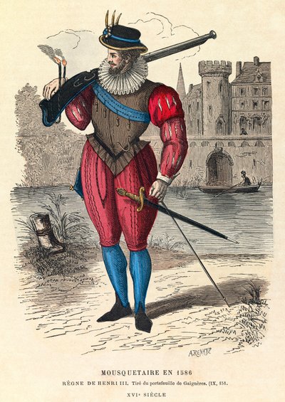 1586'da Paris'te (Kral III. Henry'nin saltanatı altında) bir silahşör portresi, gravür, özel koleksiyon - Paris'te silahşör by Anonymous Anonymous