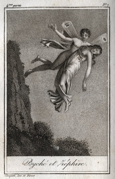 Zephyr tarafından taşınan Psyche. Charles Albert Demoustier (1760-1801) tarafından "Lettres a Emilie sur la mitolojisinde" 1819