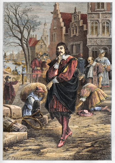 Rene Descartes (1596-1650), Amsterdam sokaklarında yürüyen Fransız filozof ve matematikçi - Amsterdam'daki Descartes - "" L'histoire de France tellee à mes grandenfants" dan gravür - Francois Guizot tarafından - 1872-1876 by Anonymous Anonymous