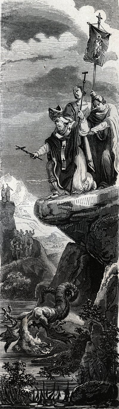 Aziz Cephesi (Perigord'un ilk müjdecisi) (3. yüzyıl) Dordogne'da ejderhayı çökertiyor - “” Azizlerin Yaşamları””nda 1846 gravürü. Özel koleksiyon. by Anonymous Anonymous
