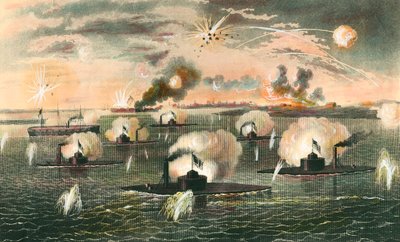 Ayrılık Savaşı (1861-1865): “” Ayrılık Savaşı sırasında yüzer pil savaş gemilerinin saldırısı”” 1865 civarında gravür. Özel koleksiyon by Anonymous Anonymous
