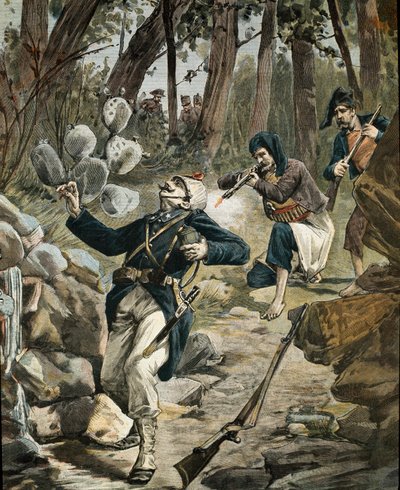 Sardunyalı haydutlar ile İtalyan ordusu arasında ormanda silahlı çatışma (gravür) by Anonymous Anonymous
