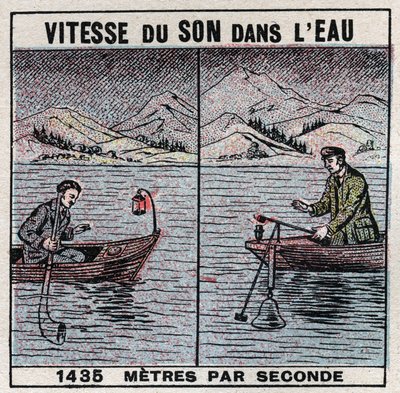 Ses enerjisi: sesin sudaki hızı. Jean Daniel (Jean-Daniel) Colladon (1802-1893) ve Charles Francois Sturm (1803-1855) tarafından Cenevre Gölü (Leman Gölü) üzerinde 1826-1827 deneyimi. 14 km arayla demirlemiş iki tekne, teknelerden biri bir zili, bir çekiç  by Anonymous Anonymous