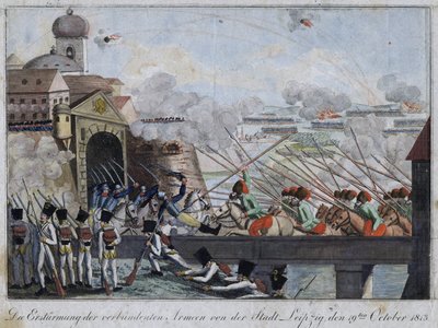 Leipzig şehrinin Müttefik birlikler tarafından basılması - bataille de Leipzig ou bataille des Nations (16-19 Ekim 1813) - Anonim - 1813 - Gravür, suluboya - 33,3x27 - Özel Koleksiyon by Anonymous Anonymous