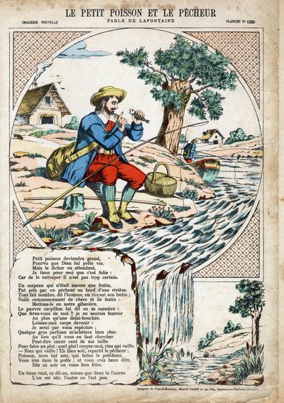 Küçük Balık ve Balıkçı. Jean de LA FONTAINE (Lafontaine) (1621-1695) tarafından Les Fables için anonim illüstrasyon. 1880 dolaylarında Pont-a-Mousson