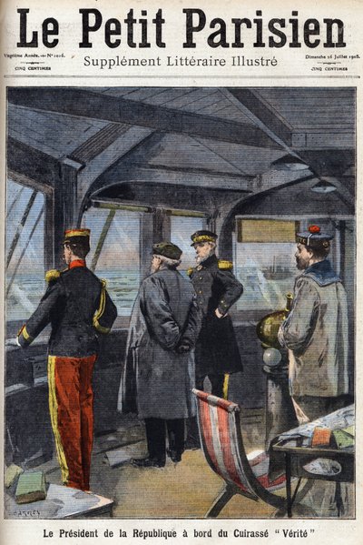 Cumhurbaşkanı Armand Fallieres (1841-1931) Cuirasse “Verite” gemisinde. 26/07/1908 tarihli “Le petit parisien” gazetelerinden biri. Özel koleksiyon. by Anonymous Anonymous