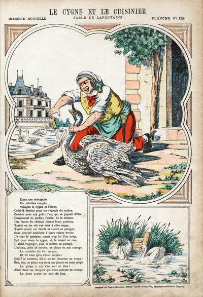 Kuğu ve Aşçı. Jean de LA FONTAINE (Lafontaine) (1621-1695) tarafından Les Fables için anonim illüstrasyon. 1880 dolaylarında Pont-a-Mousson