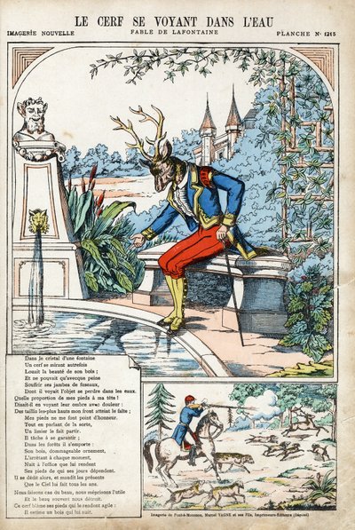 Kendini suda gören geyikler. Jean de LA FONTAINE (Lafontaine) (1621-1695) tarafından Les Fables için anonim illüstrasyon. 1880 dolaylarında Pont-a-Mousson