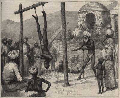 Hindistan'daki fakir - Hindistan'daki fakirler (Faquir) - ahşap bir çubuğa ayaklarından asıldı - 1892'den “Journal des voyages” da gravür. by Anonymous Anonymous