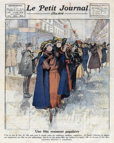 Paris sokaklarında geleneksel şapkalar giyen bekar kızlar, catherinettes yolculuğu. 04/12/1921 tarihli “Le petit dergi şanlı”dan alınan resim. Özel koleksiyon by Anonymous Anonymous