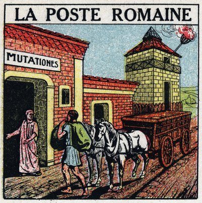Posta: Roma postası. Bir "mutasyon", postane için kullanılan atların kiralanabileceği bir yer "" müfredat publicus". 1925