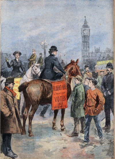 Suffragettes, Londra şehrini at sırtında dolaşıyor. “Le Petite Parisien” gazetesinden gravür by Anonymous Anonymous