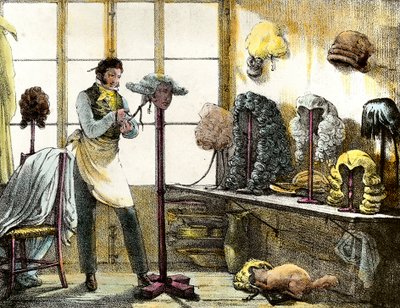 Peruk, erkek kuaförü olan bir katoganın perukunu şekillendiriyor. Ayna şovlarından, mektuplardan, ilaçlardan vb. Gravür Sanat”” 1821-1823 Özel koleksiyon by Anonymous Anonymous