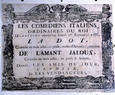 İtalyan komedyenler tarafından seslendirilen “Nokta” ve “Kıskanç aşık” adlı eseri sunan tiyatro afişi, 01/09/1788. Paris. Karnaval Müzesi by Anonymous Anonymous