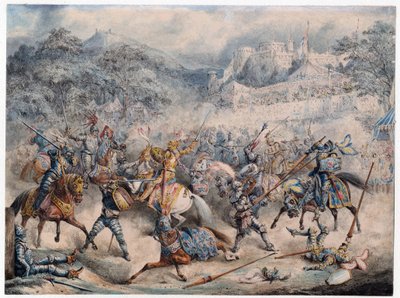 Tournoi (Moyen yaşı) - Atlı şövalyeler turnuvası - Anonim - 1840 - Renkli litografi - 20,3x30,5 - Özel Koleksiyon by Anonymous Anonymous