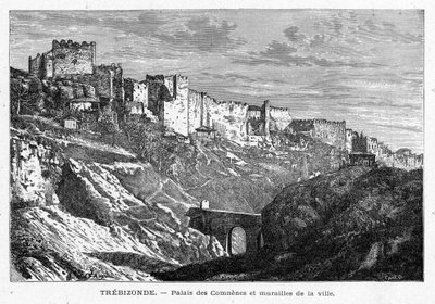 Palais des Comes ve Trabzon şehrinin (Türkiye) duvarlarının görünümü. Louis-Eugene (Louis Eugene) Louvet