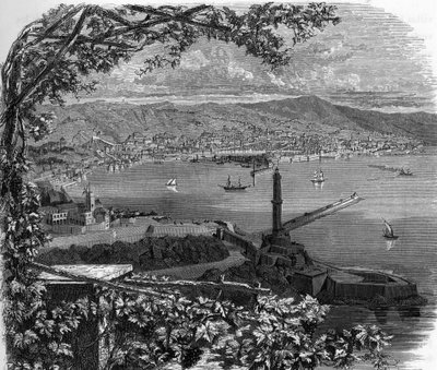 Genes (Genova), İtalya şehrinin görünümü. Armengaud tarafından “” Avrupa galerileri - İtalya” da 1859 gravürü. Özel koleksiyon. by Anonymous Anonymous