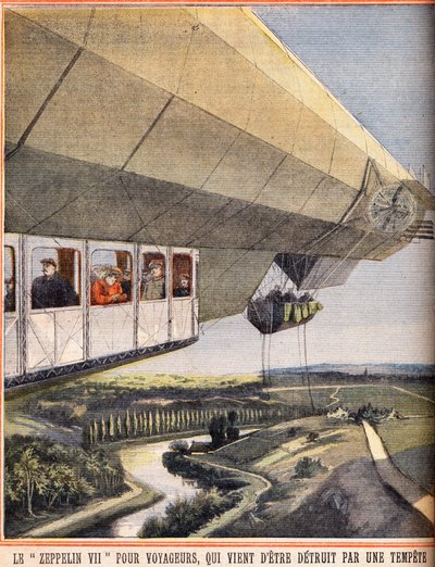Zeppelin VII, bir fırtına tarafından yeni mahvolmuş gezginler için. 10/07/1910 tarihinde “” Le petit parisien” de gravür. Özel koleksiyon. by Anonymous Anonymous