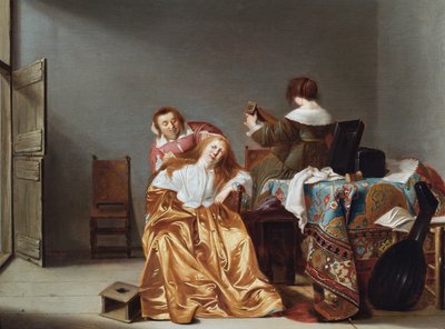 Tuvaletinde bir kadınla bir iç mekan (panel üzerine yağlıboya) by Anthonie (1601-73) Palamedesz