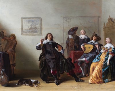 Bir masanın etrafında biri ud çalan beş zarif figürün bulunduğu bir iç mekan by Anthonie (1601-73) Palamedesz