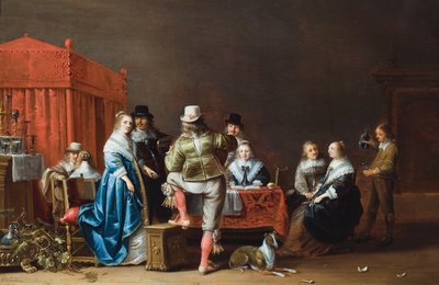 Bir masa etrafında dokuz figürlü bir iç mekan (panel üzerine yağlıboya) by Anthonie (1601-73) Palamedesz