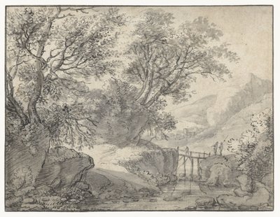 Ağaçlar ve bir dere üzerinde bir köprü ile dağ manzarası by Anthonie Waterloo