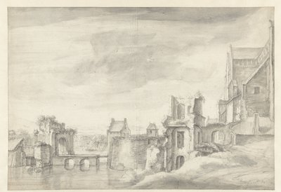 Nehir kıyısındaki harabelerin görünümü (Arnhem'deki St. Walburgkerk?) by Anthonie Waterloo