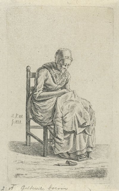 Kadın bir sandalyede tamir Gelderland çiftçisinin karısı (nesnedeki başlık) 12 Çalışma figürleri (seri başlığı) by Anthonie Willem Hendrik Nolthenius de Man