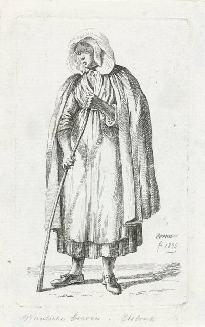 Pelerinli ve bastonlu kadın Valon çiftçisinin karısı (nesne üzerindeki başlık) by Anthonie Willem Hendrik Nolthenius de Man