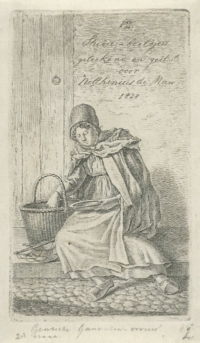Sepet ve tabak ile oturan kadın Gentsche Karides kadını (nesne üzerindeki başlık) 12 Çalışma figürleri (seri başlığı) by Anthonie Willem Hendrik Nolthenius de Man