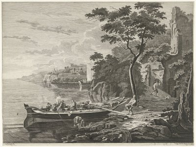 Bir dağ manzarasında bir mavna ile rakamlar by Anthonij van der Haer