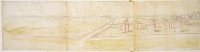 ಉತ್ತರದಿಂದ ಹ್ಯಾಂಪ್ಟನ್ ಕೋರ್ಟ್ ಅರಮನೆ, c.1544 (ಕಾಗದದ ಮೇಲೆ ಪೆನ್ನು, ಶಾಯಿ ಮತ್ತು WC) ಟರ್ಕಿ by Anthonis van den Wyngaerde