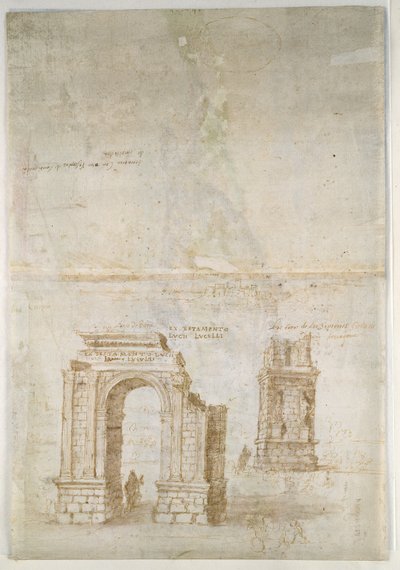Recto: Tarragona'nın Güneyden Panoramik Görünümü (Denize doğru)Verso: Tarragona'daki Roma kalıntılarının ve bir kalenin eskizleri by Anthonis van den Wyngaerde