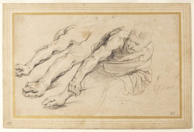 Sağ kolunu uzatmış öne doğru eğilmiş bir adam figürü; aynı figür için sağ kolun üç çalışması ve sol elden biri (kağıt üzerinde tebeşir) by Anthony van Dyck